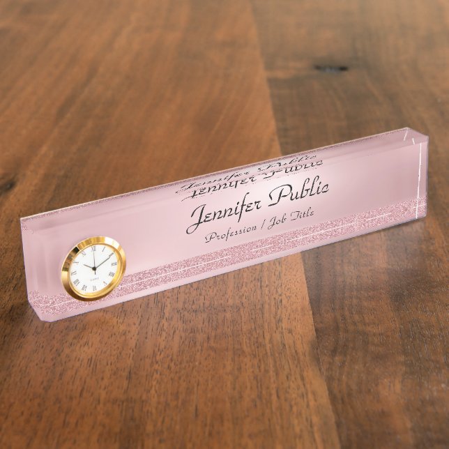 Rose Gold Glitter Script Template With Clock Nameplate (Side)