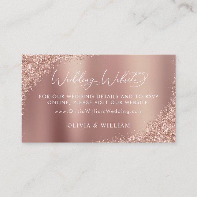 Rose Gold Glitter Script Wedding Website Enclosure Card (Front)
