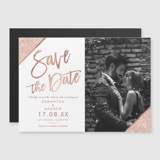 Rose gold glitter script white photo save the date (Front/Back)