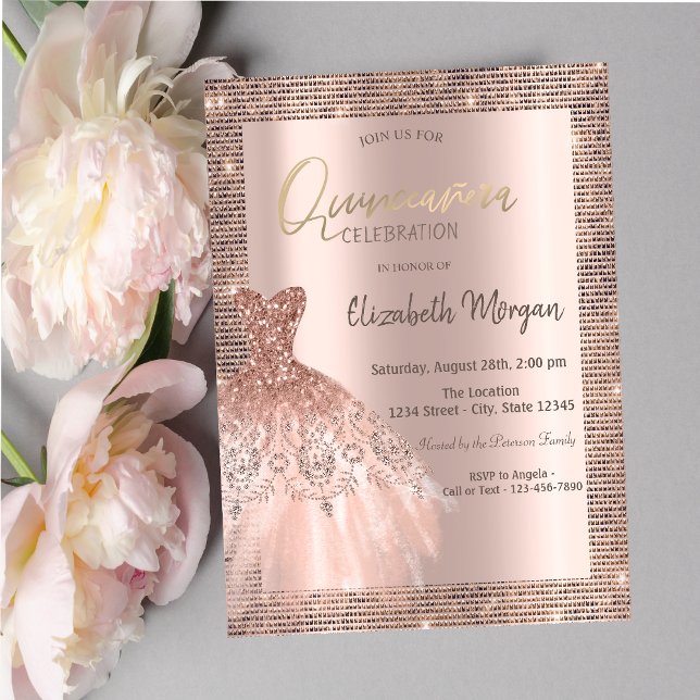 Rose Gold Glitter Sequins Frame Dress Quinceañera Invitation (Creator Uploaded)