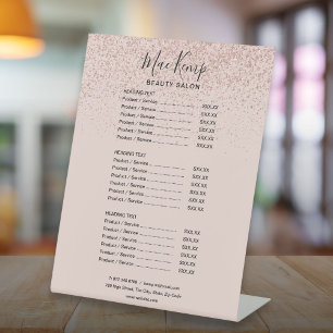 Rose Gold Glitter Service Menu Price List Pedestal Sign