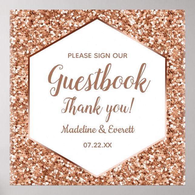 Rose Gold Glitter Sign Our Guestbook Table Sign (Front)
