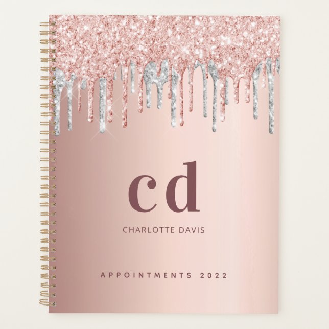 Rose gold glitter silver blush monogram 2026 planner (Front)