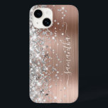 Rose Gold Glitter Silver Glam Girly Signature Case-Mate iPhone 14 Case<br><div class="desc">Girly faux sparkly silver grey glitter highlights on the left edge over a faux pink blush rose gold brushed metal foil.
The modern girly signature features an elegant white calligraphy font with decorative tails. 
Customise the font styles to create your own phone gear for your best friend.</div>