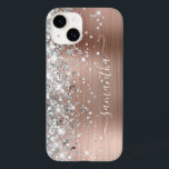 Rose Gold Glitter Silver Glam Girly Signature Case-Mate iPhone 14 Case<br><div class="desc">Girly faux sparkly silver grey glitter highlights on the left edge over a faux pink blush rose gold brushed metal foil.
The modern girly signature features an elegant white calligraphy font with decorative tails. 
Customise the font styles to create your own phone gear for your best friend.</div>
