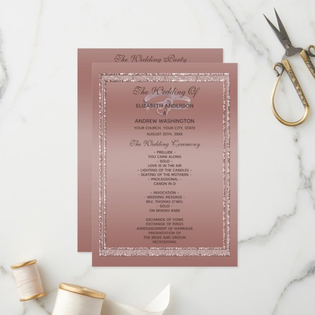 Rose Gold Glitter & Silver Wedding Rings  Programme (Front/Back In Situ)