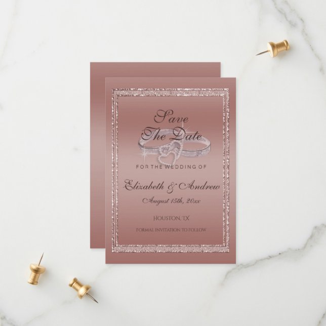 Rose Gold Glitter & Silver Wedding Rings  Save The Date (Front/Back In Situ)