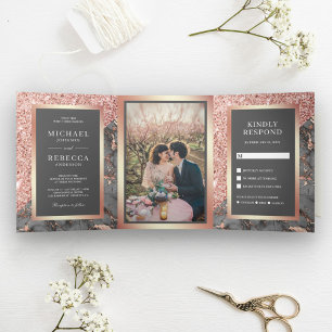 Rose Gold Glitter Slate Grey Marble Photo Wedding Tri-Fold Invitation