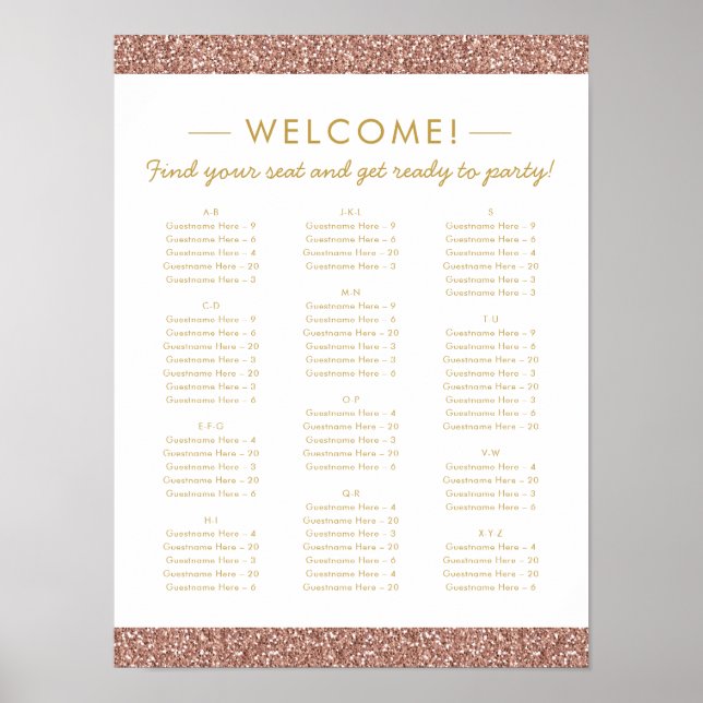 Rose Gold Glitter Small Alphabetical Seating Chart (Front)