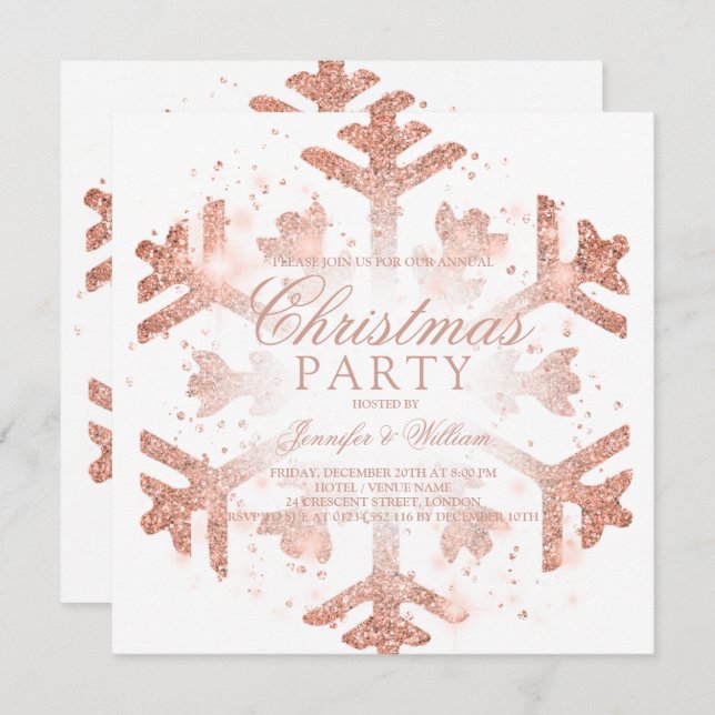 Rose Gold Glitter Snowflake Xmas Holiday Party Inv Invitation (Front/Back)