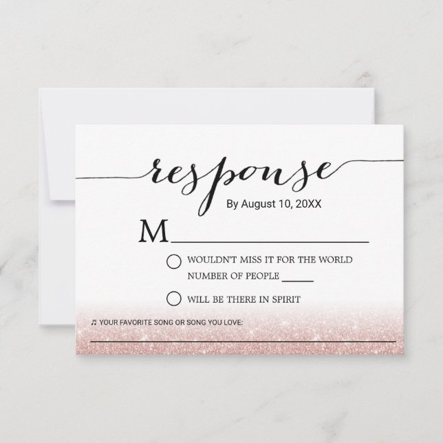 Rose Gold Glitter Song Request Wedding RSVP Card (Front)