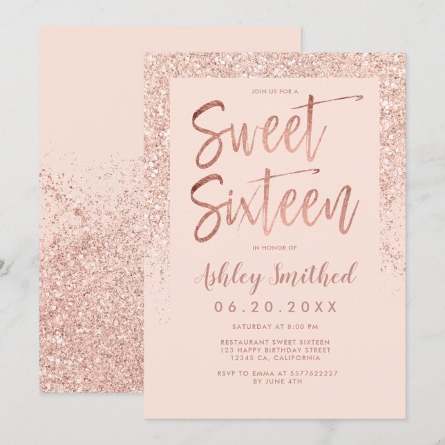 Rose gold glitter sparkle blush pink sweet sixteen invitation (Front/Back)
