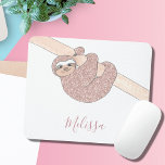 Rose Gold Glitter Sparkle Cute Sloth Name Mouse Pad<br><div class="desc">This fun and girly mouse pad is decorated with a rose gold glitter smiling sloth hanging from a branch.
Customise it by changing the name.
Original Design © Michele Davies</div>