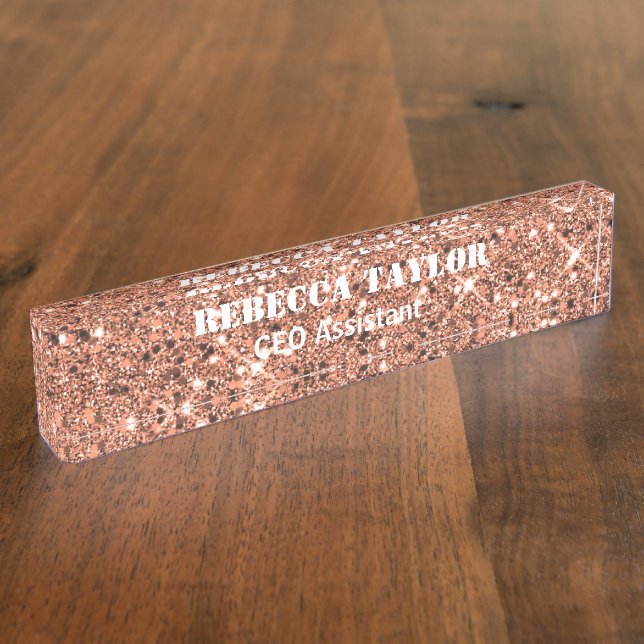 Rose Gold Glitter Sparkle Desk Name Plate (Side)
