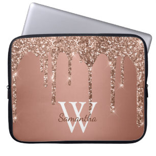 Rose Gold Glitter Sparkle Drip Monogram Name Laptop Sleeve