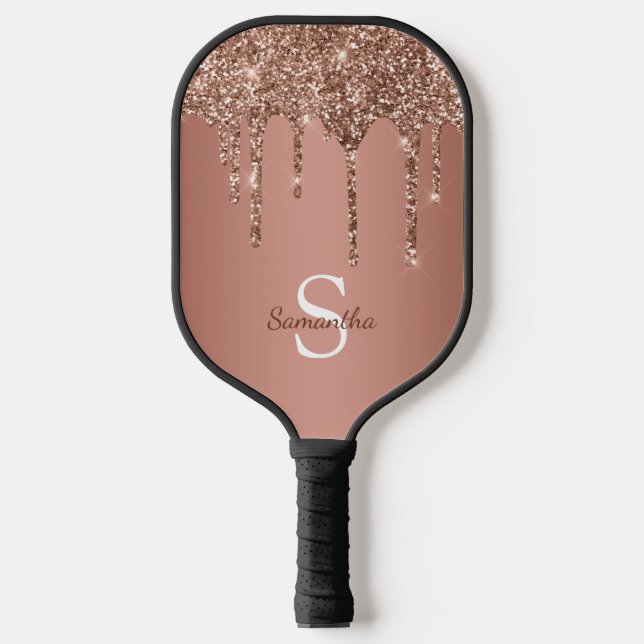 Rose Gold Glitter Sparkle Drips Monogram Name Pickleball Paddle (Front)