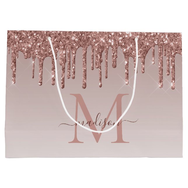 Rose Gold Glitter Sparkle Drips Monogram Script Large Gift Bag (Back)