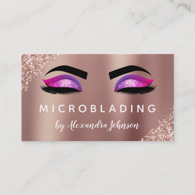 Rose Gold Glitter Sparkle Eyelashes Microblading Business Card (Front)