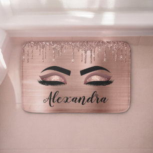 Rose Gold Glitter Sparkle Eyelashes Monogram Name Bath Mat