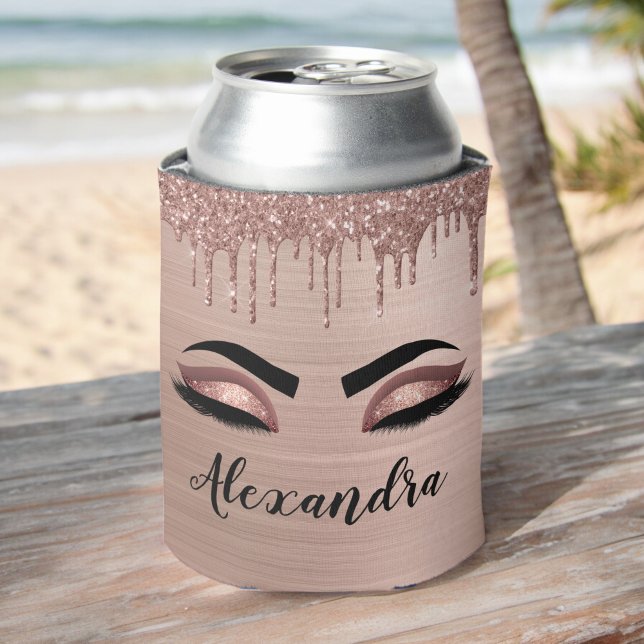 Rose Gold Glitter Sparkle Eyelashes Monogram Name Can Cooler (Creator Uploaded)