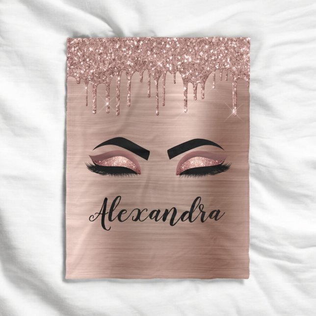 Rose Gold Glitter Sparkle Eyelashes Monogram Name Fleece Blanket (Creator Uploaded)
