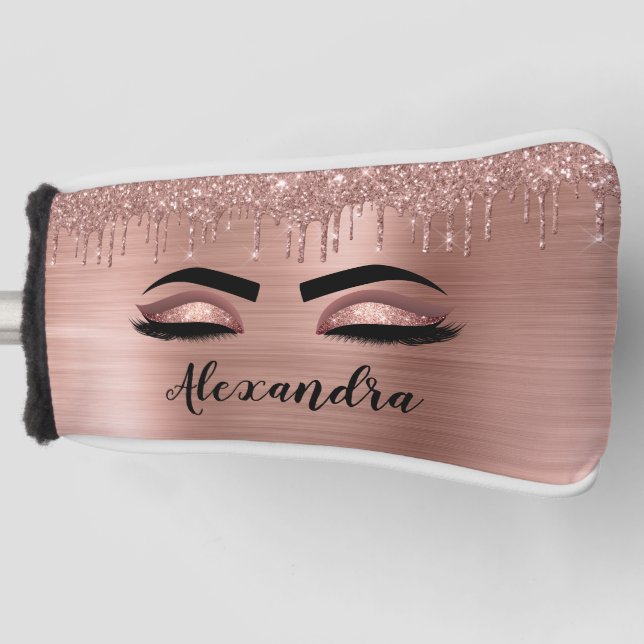Rose Gold Glitter Sparkle Eyelashes Monogram Name Golf Head Cover (Front)