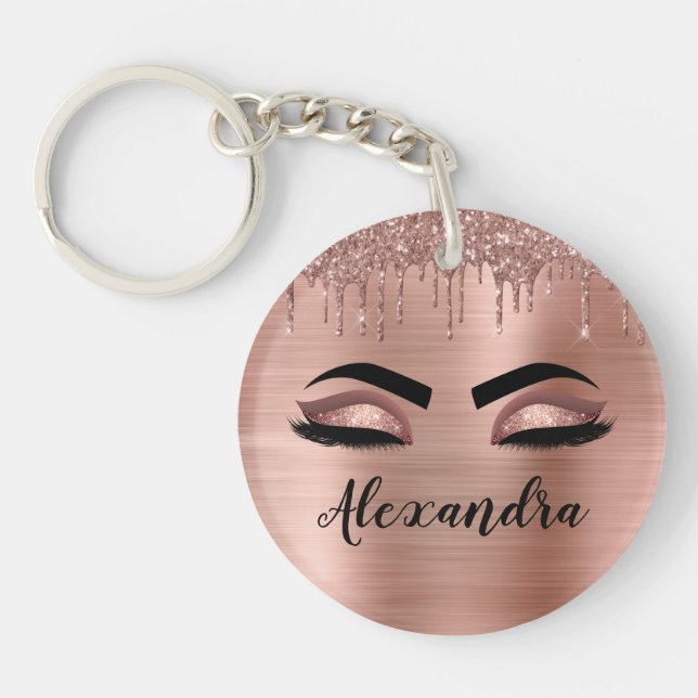 Rose Gold Glitter Sparkle Eyelashes Monogram Name Key Ring (Front)