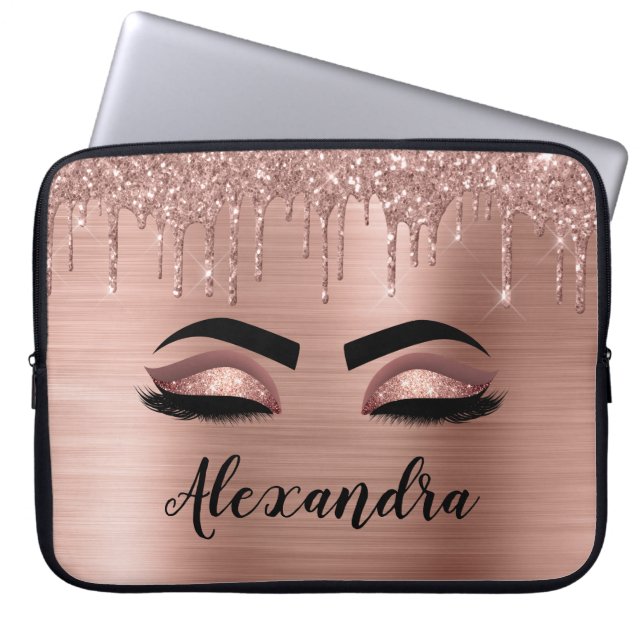 Rose Gold Glitter Sparkle Eyelashes Monogram Name Laptop Sleeve (Front)