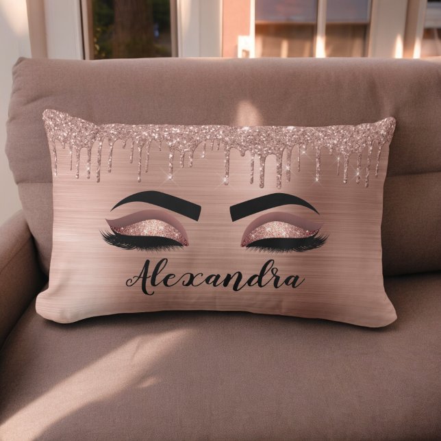 Rose Gold Glitter Sparkle Eyelashes Monogram Name Lumbar Cushion (Creator Uploaded)