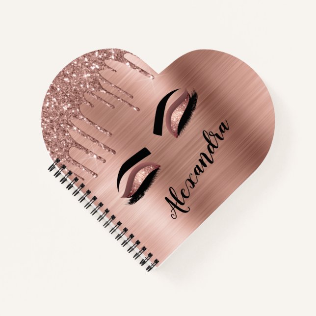 Rose Gold Glitter Sparkle Eyelashes Monogram Name Notebook (Front)