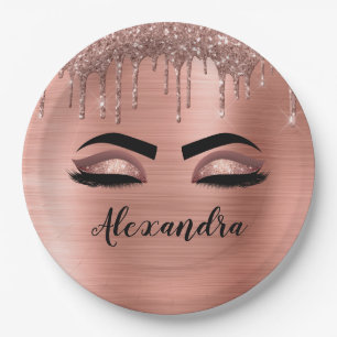 Rose Gold Glitter Sparkle Eyelashes Monogram Name Paper Plate