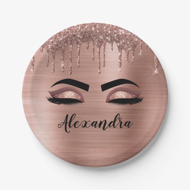 Rose Gold Glitter Sparkle Eyelashes Monogram Name Paper Plate (Front)