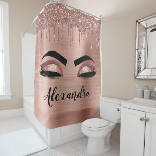 Rose Gold Glitter Sparkle Eyelashes Monogram Name Shower Curtain