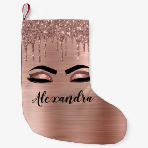 Rose Gold Glitter Sparkle Eyelashes Monogram Name Small Christmas Stocking
