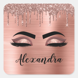 Rose Gold Glitter Sparkle Eyelashes Monogram Name Square Sticker