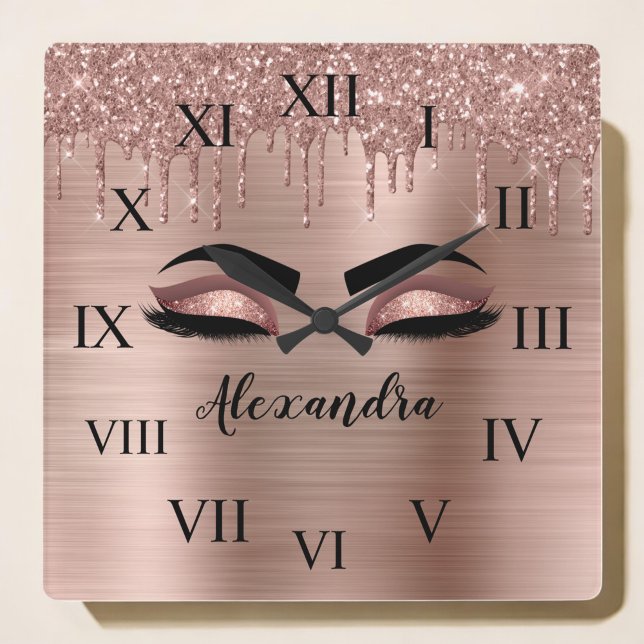 Rose Gold Glitter Sparkle Eyelashes Monogram Name Square Wall Clock (Creator Uploaded)