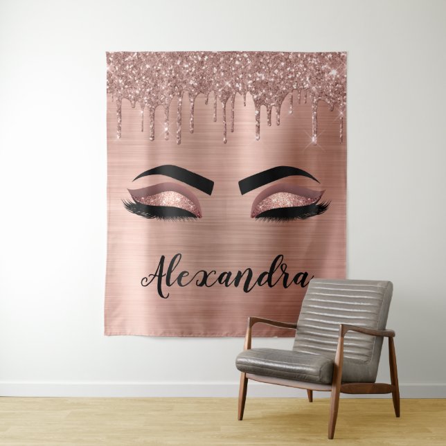 Rose Gold Glitter Sparkle Eyelashes Monogram Name Tapestry (In Situ)