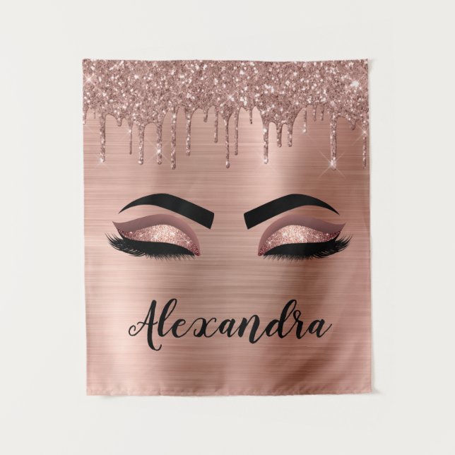 Rose Gold Glitter Sparkle Eyelashes Monogram Name Tapestry (Front)