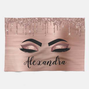 Rose Gold Glitter Sparkle Eyelashes Monogram Name Tea Towel