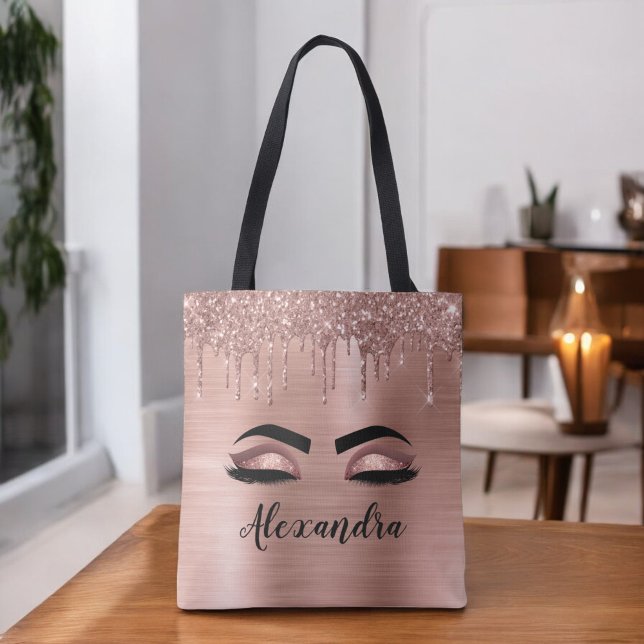 Rose Gold Glitter Sparkle Eyelashes Monogram Name Tote Bag (Creator Uploaded)