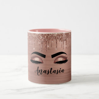 Rose Gold Glitter Sparkle Eyelashes Monogram Name Two-Tone Coffee Mug