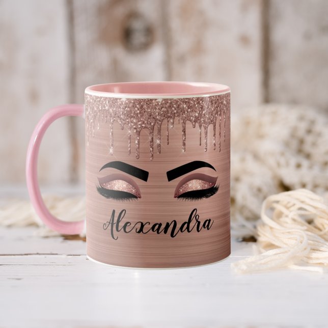 Rose Gold Glitter Sparkle Eyelashes Monogram Name Two-Tone Coffee Mug (Creator Uploaded)