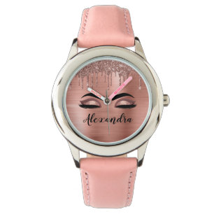 Rose Gold Glitter Sparkle Eyelashes Monogram Name Watch