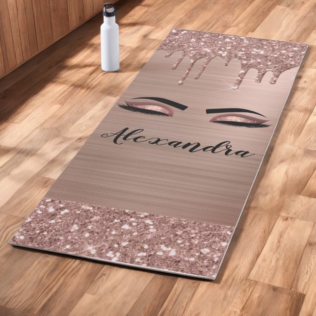Rose Gold Glitter Sparkle Eyelashes Monogram Name Yoga Mat (Creator Uploaded)