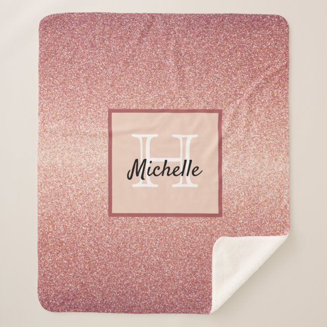 Rose gold glitter sparkle glam pink monogram sherpa blanket (Front)