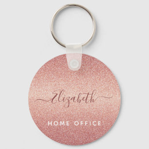 Rose gold glitter sparkle glam pink name key ring