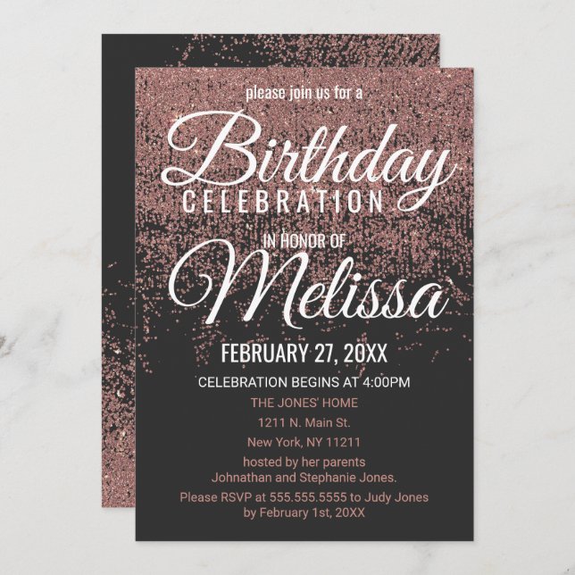 Rose Gold Glitter Sparkles Black Birthday Party Invitation (Front/Back)