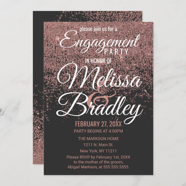 Rose Gold Glitter Sparkles Black Engagement Invitation (Front/Back)