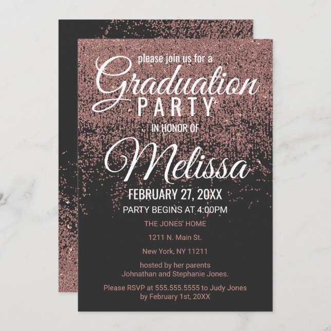 Rose Gold Glitter Sparkles Black Graduation Party Invitation (Front/Back)