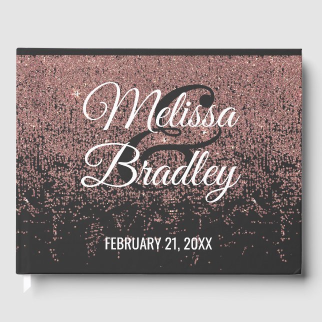 Rose Gold Glitter Sparkles Black Wedding Guestbook (Front)